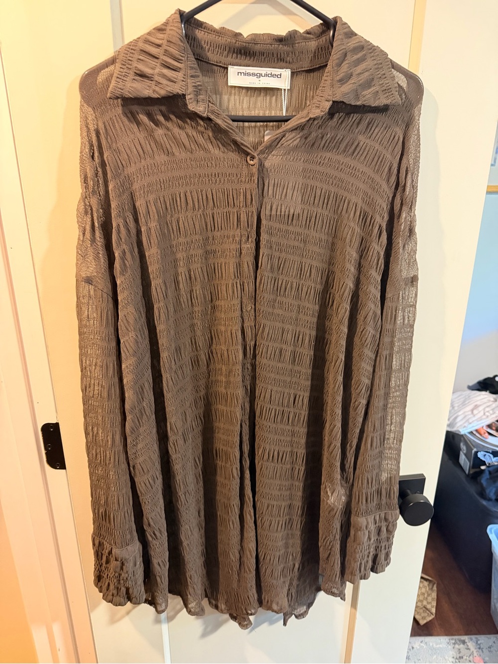 Missguided Taupe Crinkle Button-Up Blouse